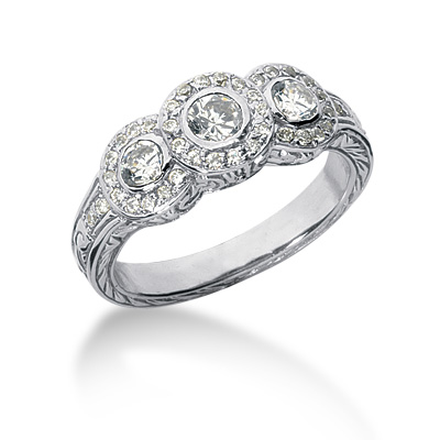 Diamond ring with large round diamond surrounded by smaller diamonds